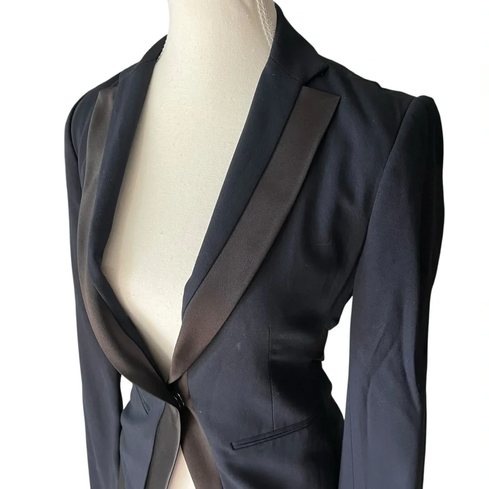 BCBGMaxAzria Navy Black Satin-Trim Blazer Size XXS Business Casual Office - Picture 2 of 6